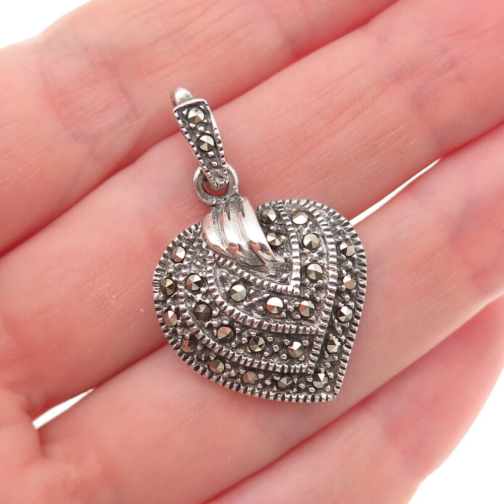 925 Sterling Silver Vintage Real Marcasite Heart Oxidized Charm Pendant